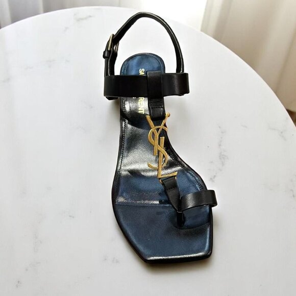 NIB Saint Laurent Black & Gold Cassandra Flat Sandals - Picture 4 of 4